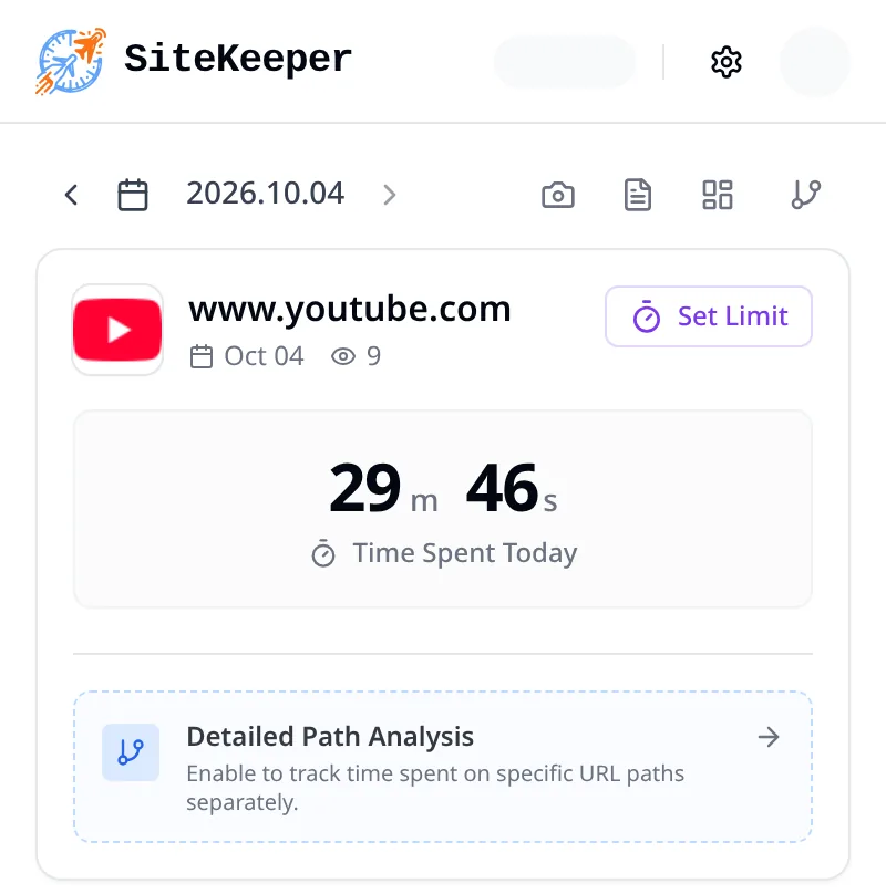 SiteKeeper popup showing 29 minutes 46 seconds on YouTube today